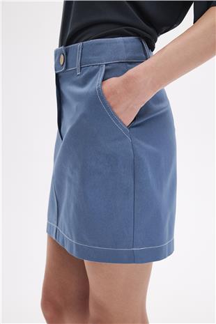 İndigo Kontrast Dikişli Mini Etek