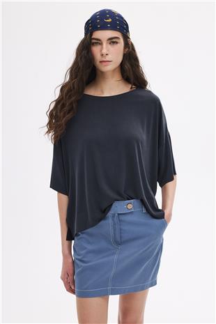 İndigo Kontrast Dikişli Mini Etek