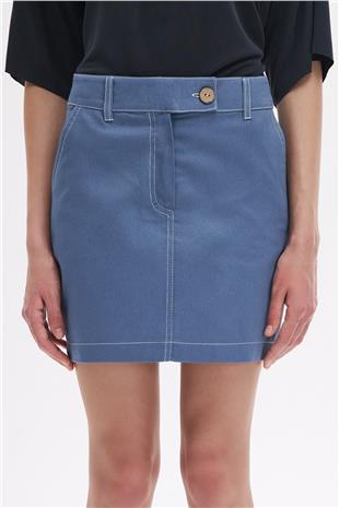 İndigo Kontrast Dikişli Mini Etek