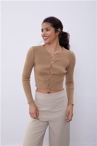 Dark Beige Brit Detailed Long Sleeve Knit Sweater SWK4507KB