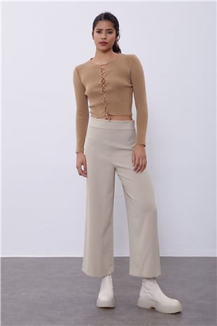 Dark Beige Brit Detailed Long Sleeve Knit Sweater SWK4507KB