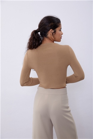 Dark Beige Brit Detailed Long Sleeve Knit Sweater SWK4507KB