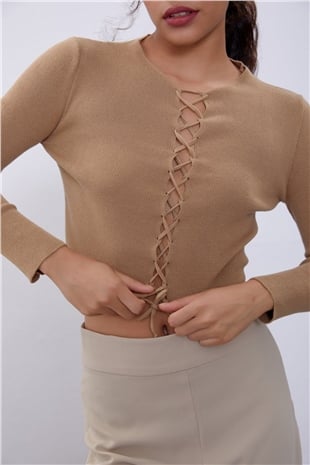 Dark Beige Brit Detailed Long Sleeve Knit Sweater SWK4507KB