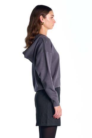 Koyu Gri Kapüşonlu Triko Sweatshirt