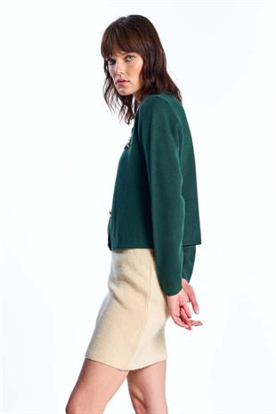 Koyu Yeşil Düğmeli Triko Hırka