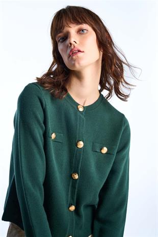 Koyu Yeşil Düğmeli Triko Hırka