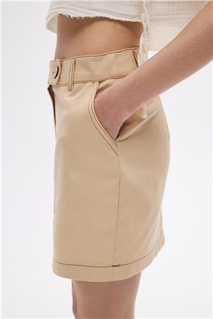 Kum Beji Kontrast Dikişli Mini Etek