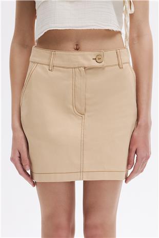 Kum Beji Kontrast Dikişli Mini Etek