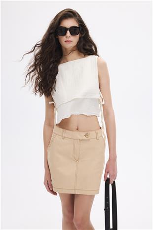 Kum Beji Kontrast Dikişli Mini Etek