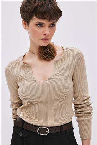Sand Color Long Sleeve Knitwear Top