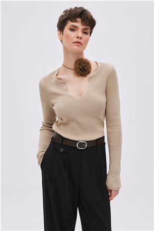Sand Color Long Sleeve Knitwear Top