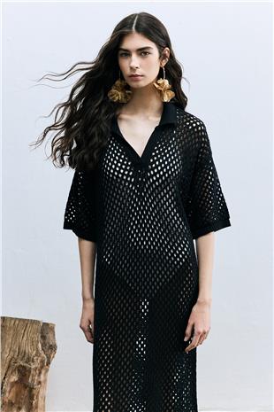 Lacivert Ajurlu Polo Yaka Elbise