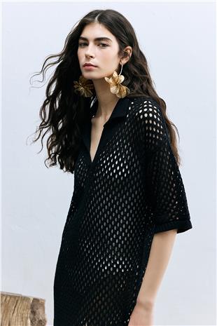 Lacivert Ajurlu Polo Yaka Elbise