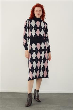 Navy Argyle Sweater Skirt Knitwear Set