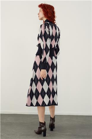 Navy Argyle Sweater Skirt Knitwear Set