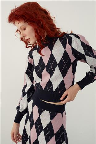 Navy Argyle Sweater Skirt Knitwear Set