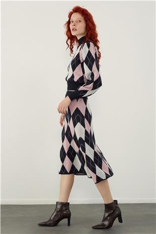 Navy Argyle Sweater Skirt Knitwear Set