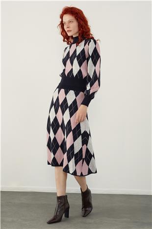 Navy Argyle Sweater Skirt Knitwear Set