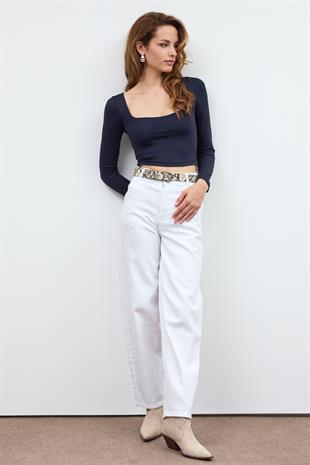 Lacivert BASİC KARE YAKA CROP BLUZ
