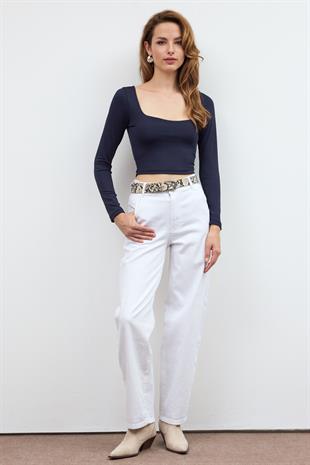Lacivert BASİC KARE YAKA CROP BLUZ