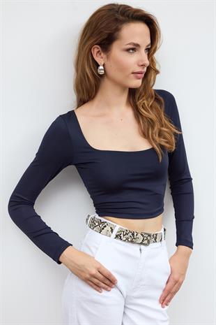 Lacivert BASİC KARE YAKA CROP BLUZ