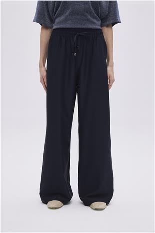 Navy Elastic Waistband Trousers With Drawstring