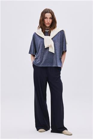 Navy Elastic Waistband Trousers With Drawstring