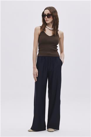 Navy Elastic Waistband Trousers With Drawstring