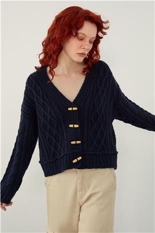 Navy Button Detailed Cable Knit Cardigan