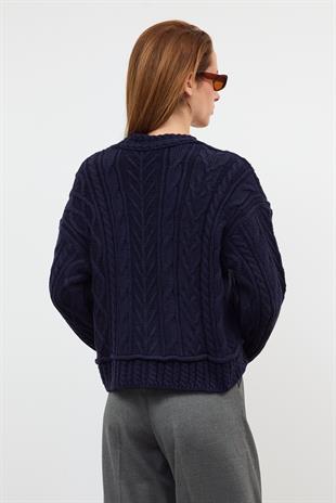 Navy Button Detailed Cable Knit Cardigan