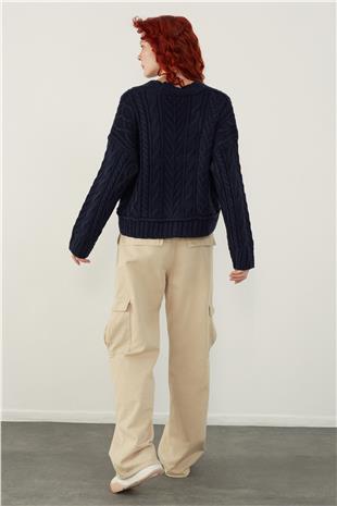 Navy Button Detailed Cable Knit Cardigan