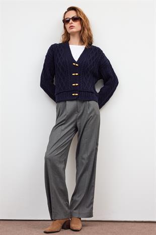 Navy Button Detailed Cable Knit Cardigan