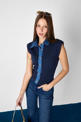 Lacivert Denim Yaka Detalı Triko Bluz