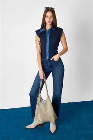 Lacivert Denim Yaka Detalı Triko Bluz