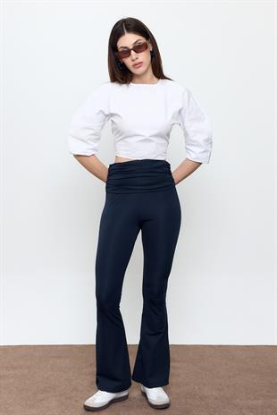 Lacivert Beli Büzgülü İspanyol Paça Pantolon