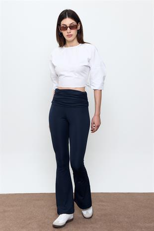 Lacivert Beli Büzgülü İspanyol Paça Pantolon
