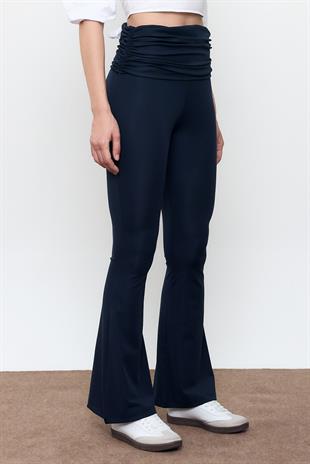 Lacivert Beli Büzgülü İspanyol Paça Pantolon
