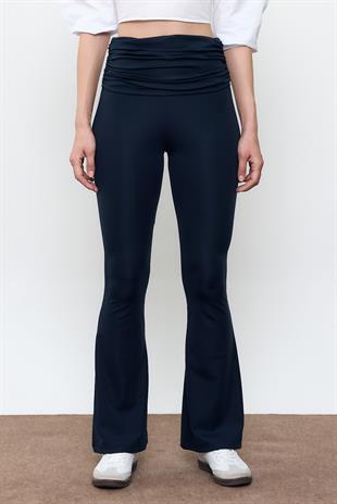 Lacivert Beli Büzgülü İspanyol Paça Pantolon