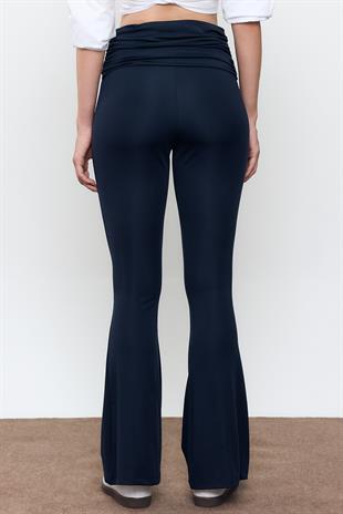 Lacivert Beli Büzgülü İspanyol Paça Pantolon