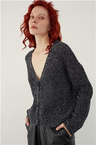 Navy Brushed Textured Buttoned Knitwear Cardigan