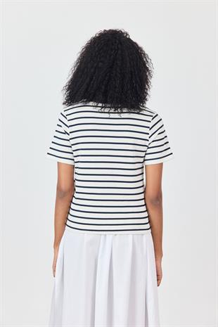 Lacivert Omuzları Vatkalı Çizgili T-shirt