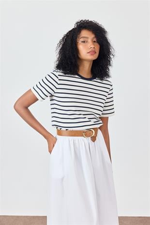 Lacivert Omuzları Vatkalı Çizgili T-shirt