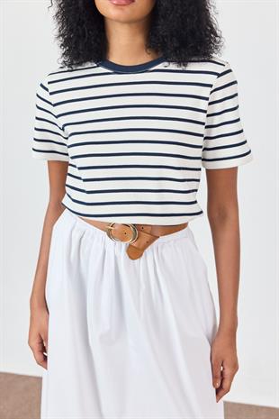 Lacivert Omuzları Vatkalı Çizgili T-shirt