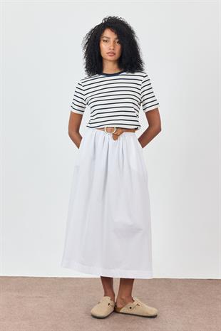 Lacivert Omuzları Vatkalı Çizgili T-shirt