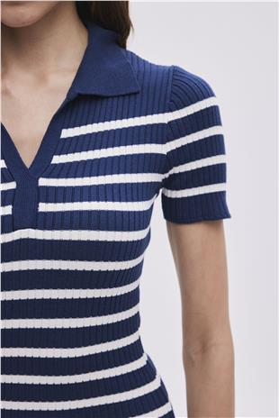 Navy Polo Neck Striped Knitwear Dress