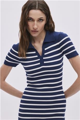 Navy Polo Neck Striped Knitwear Dress