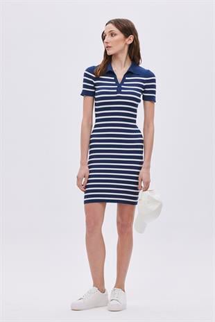 Navy Polo Neck Striped Knitwear Dress