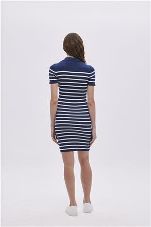 Navy Polo Neck Striped Knitwear Dress