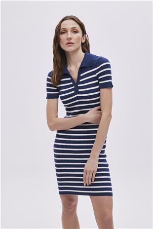 Navy Polo Neck Striped Knitwear Dress