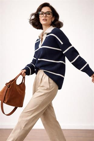 Lacivert Polo Yaka Çizgili Triko Kazak